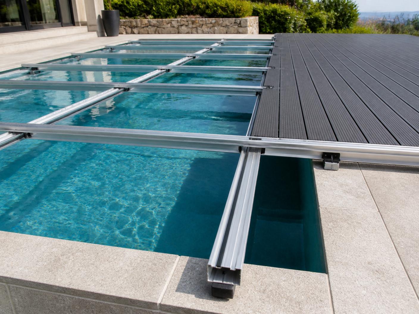 Armature aluminium modulaire CoverPool Pro posée sur les margelles
