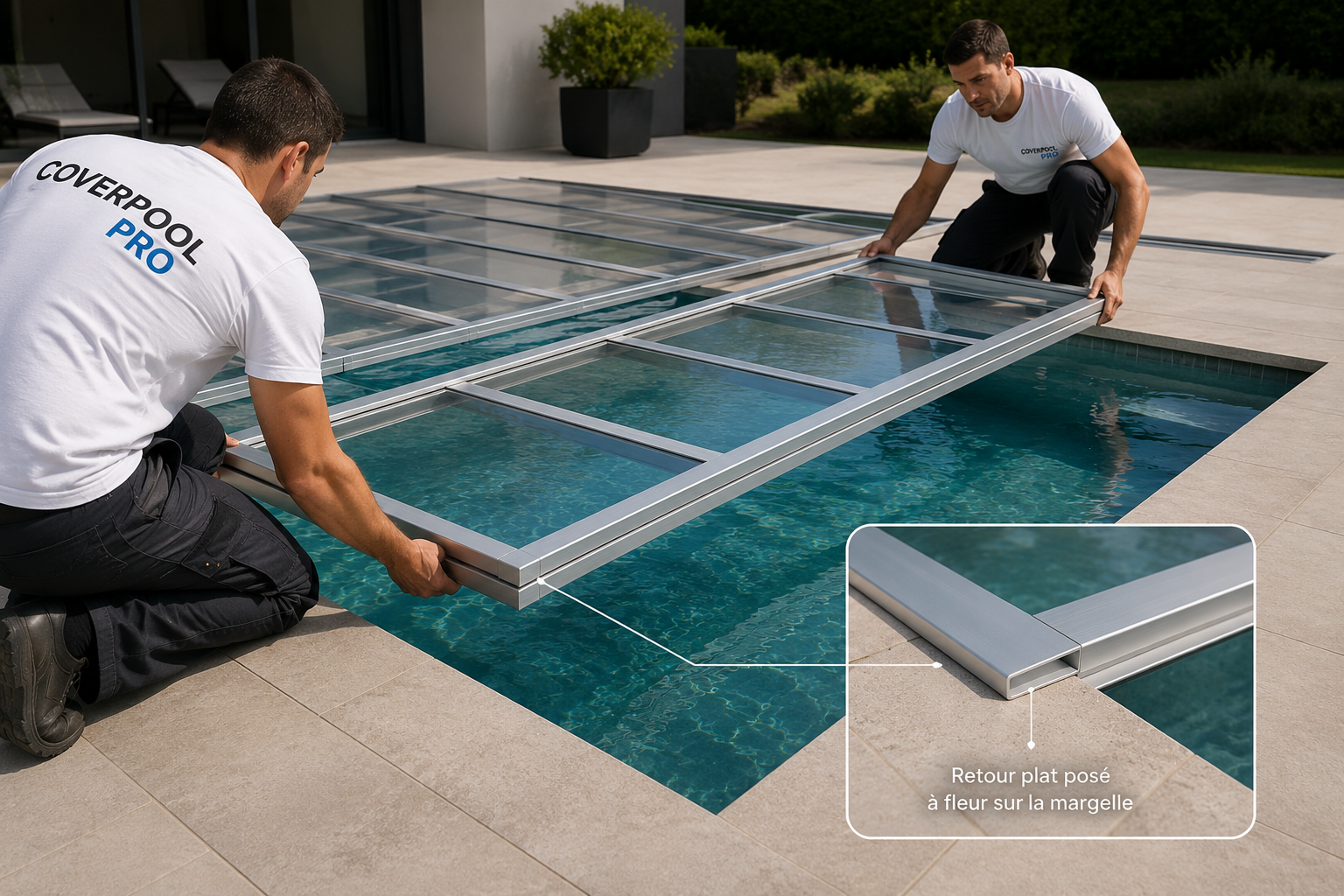 Installateurs COVERPOOL PRO posant un panneau transparent sur le bassin