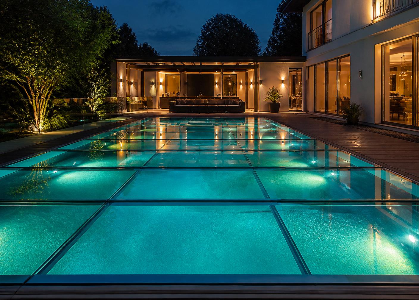 Piscine recouverte par le plancher transparent CoverPool Pro en polycarbonate macrolon