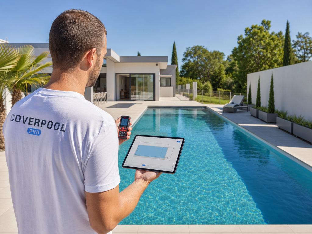 Professionnel COVERPOOL PRO prenant les mesures d'une piscine au bord du bassin avec mètre laser et tablette