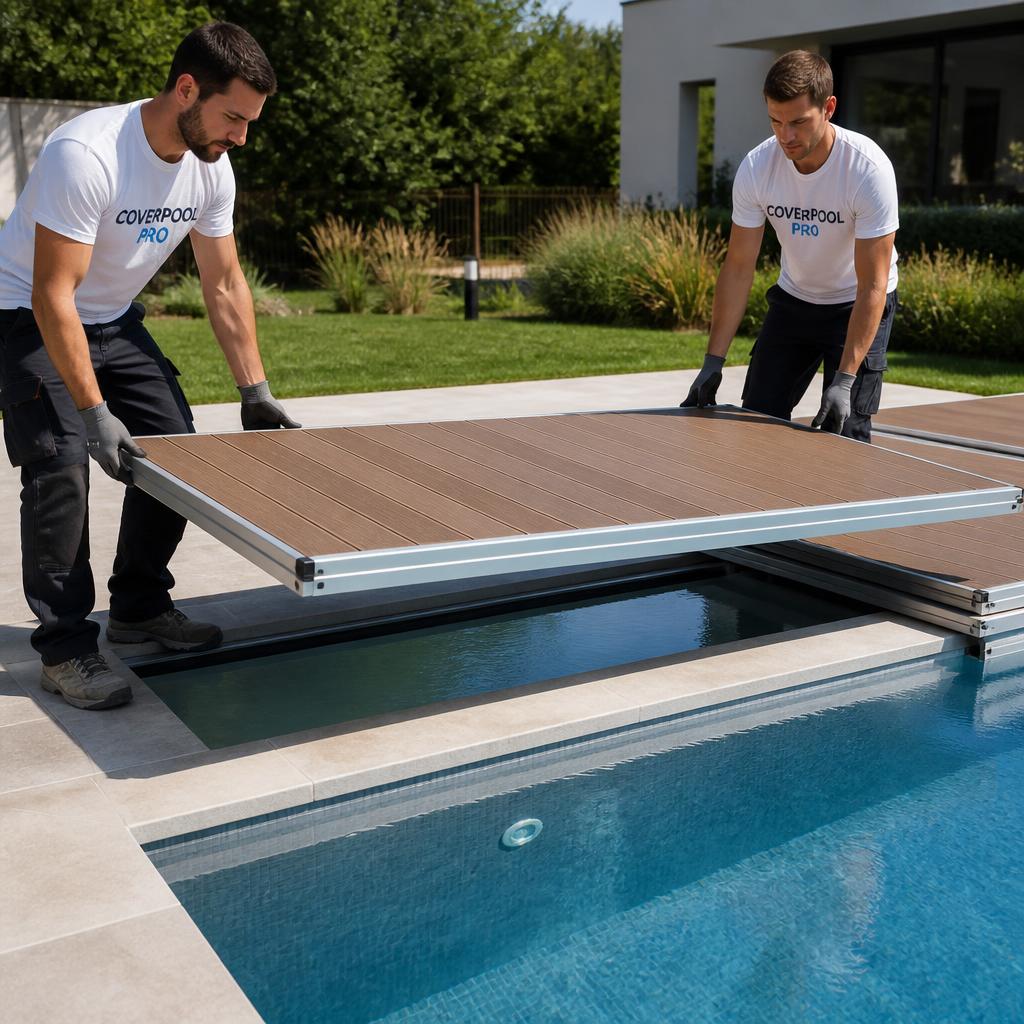 Deux installateurs COVERPOOL PRO portent un panneau modulaire complet au-dessus du bassin